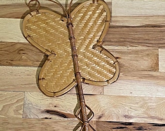 Vintage Butterfly Hand Woven Straw Wicker Rattan Hand Fan MCM Boho Wall Decor