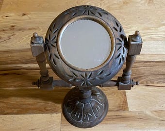 Vintage Wood Vanity Mirror Carved Swivel Round Gothic Witch Style