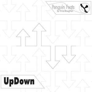 Puede incluir: Un fondo blanco con un patrón de flechas grises discontinuas. Superpuestas hay flechas azules que forman un diseño, con el texto "UpDown" en negrita negra. La esquina superior derecha tiene el texto "Penguin Feats by Trinia Broughton".