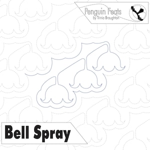 Puede incluir: Un fondo blanco con un patrón repetido de diseños en forma de campana. Un contorno azul de un rociador de campana está en el centro. El texto "Bell Spray" está en una pancarta negra en la parte inferior. El texto "Penguin Feats by Trinia Broughton" está en la esquina superior derecha.