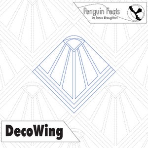 May include: A white and blue geometric design with the text "DecoWing" and "Penguin Feats by Trinia Broughton". The design features a central diamond shape with radiating lines, and a repeating pattern in the background.