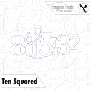 Op de afbeelding: Een witte achtergrond met blauw omlijnde cijfers en de tekst "Ten Squared". De cijfers zijn in een visueel aantrekkelijk patroon gerangschikt. De rechterbovenhoek bevat de tekst "Penguin Feats by Trinia Broughton".