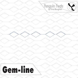 May include: A white background with a repeating diamond pattern. A blue line of connected diamond shapes is centered. The text "Gem-line" is in a white banner at the bottom. The top right corner has the text "Penguin Feats by Trinia Broughton".