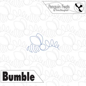 May include: A white background with a repeating pattern of stylized bee shapes. A blue outline of a bee is in the center. The word "Bumble" is in a black, bold font. The top right corner has the text "Penguin Feats by Trinia Broughton".