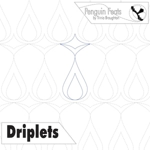 Puede incluir: Fondo blanco con un patrón repetitivo de formas de gotas delineadas con líneas grises discontinuas. Se destaca un diseño central de gota azul. El texto "Driplets" está en la parte inferior y "Penguin Feats by Trinia Broughton" en la parte superior.