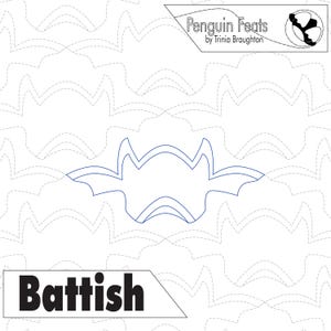 May include: A white background with a repeating pattern of bat-like shapes in a dotted line. A blue outline of a bat shape is in the center. The text "Battish" is in a black font. The top right corner has the text "Penguin Feats by Trinia Broughton".