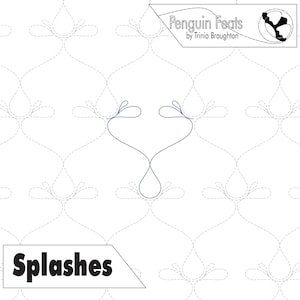 Peut inclure: Un fond blanc avec un motif répété de formes de gouttes d'eau stylisées et un motif bleu en forme de cœur. Le texte "Splashes" est en noir gras. Le coin supérieur droit porte le texte "Penguin Feats by Trinia Broughton".