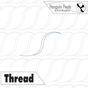 Pode incluir: Fundo branco com um padrão de ondas repetidas em cinza claro. Uma linha curva azul está no centro. O texto "Thread" está em uma caixa branca na parte inferior. O canto superior direito tem o texto "Penguin Feats by Trinia Broughton".
