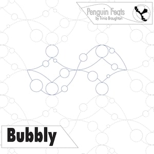 Può includere: Sfondo bianco con un design astratto blu di cerchi e linee collegati. Il testo "Bubbly" è in una casella bianca in basso a sinistra. L'angolo in alto a destra presenta il testo "Penguin Feats by Trinia Broughton" e un logo di pinguino.
