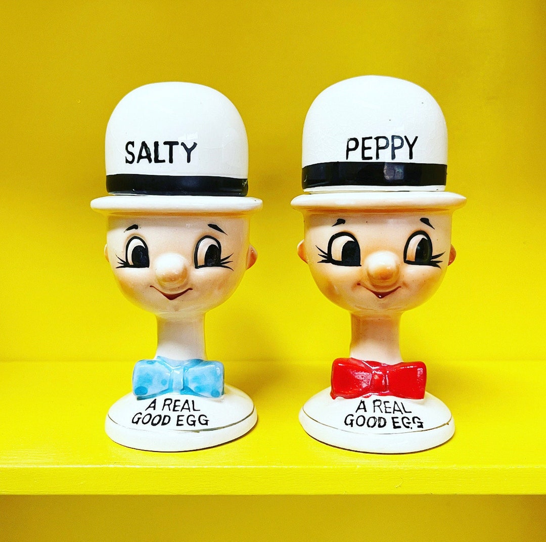 Vintage Salty and Peppy Egg Cups and Shaker Set A Real Good Egg Etsy