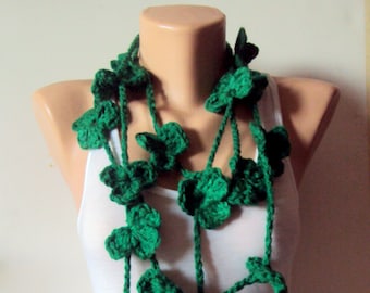 St. Patrick's Day Lucky Shamrock Floral Scarf Women Crochet Lariat Lucky Shamrock Garland Irish Blessings Crochet Shamrock Lariat