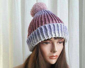 Crochet Ombre Hat Women Winter Hat Ski Hat Gift for Her Snow Hat Crochet Beanie with Pompom
