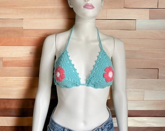Handmade Crochet Flower Bikini Top, Boho Beachwear
