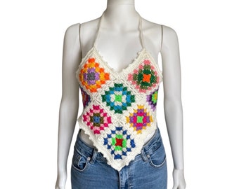 Handmade Crochet Granny Square Halter Top, Boho Beachwear