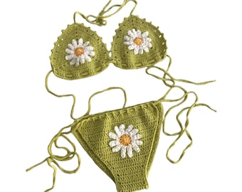 Beachwear Crochet Bikini Set, Daisy Bikini Set, Bohemian Bikini, Bikini Bralette Top and Bottom, Crochet Festival OutfitGift