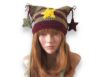 Cat Ears Beanie with Stars Women Cat Beanie Gift for Her Crochet Cat Hat Men Striped Beanie Gift For Him Cat Hat Gift Best Seller