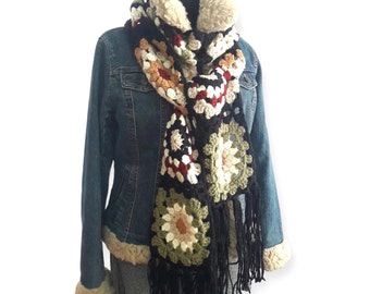 Crochet Granny Square Long Scarf, Celebrity Inspired