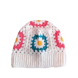 Handmade Crochet Granny Square Beanie: Boho Daisy Hat Christmas Gift