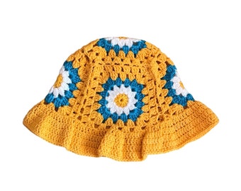 Crochet Unisex Bucket Hat Daisy Granny Square Flower Hat Handmade Gift for Women and Men Crochet Unisex Boho Bucket Hat Trending Summer Hat