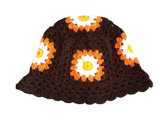 Granny Square Bucket Hat Daisy Hat Gift for Women and Men Crochet Brown Bucket Hat Festival Hat Hippie Hat Crochet Hat Handmade Gift