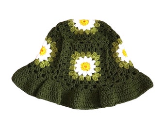 Floral Bucket Hat Daisy Granny Square Crochet Hat Unisex Handmade Gift for Women and Men Crochet Boho Bucket Hat Summer Hat Hippie Hat