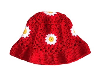 Crochet Bucket Hat Daisy Granny Square Flower Hat Handmade Gift for Women and Men Crochet Unisex Boho Bucket Hat Crochet Red Summer Hat