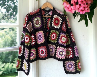 Crochet Crop Cardigan, Sunburst Granny Square Pattern Patchwork Jacket, Handmade Unique Gift Christmas Gift