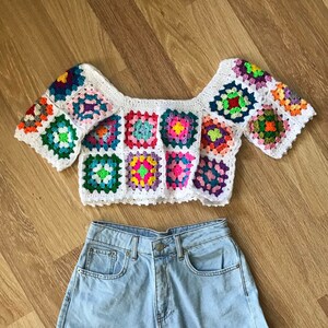 Granny Square Mini Crop Top, Women Crochet Crop Top, Crochet Boho Top, Crochet Festival Top, Patchwork Crop Top, Summer Top, Handmade Gift