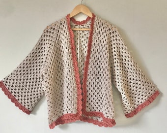 Crochet Cotton Cardigan Granny Stitch Cardigan Women Boho Chic Hexagonal Cardigan Men Handmade Gift Organic Cotton Granny Square Outfit