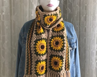 Best Seller Sunflower Pattern Granny Square Scarf for Her Granny Square Scarf Popular Colorful Crochet Long Scarf for Him