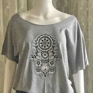Hamsa Crop Top Yoga Top Hand of Fatima Grey Cut Out Graphic Tee Gift For Her Fitness Clothes Zen T-Shirts Men Loose Fit Graphic Top image 1