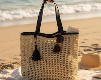 Crochet Tote Bag, Large Summer Beach Bag, Boho Crochet Shoulder Bag, Designer Inspired Tote, Natural Fiber Handmade Bag, Christmas Gift