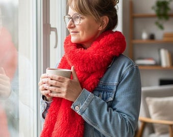 Handmade Red Fuzzy Scarf, Winter Fashion Accessory,Gift