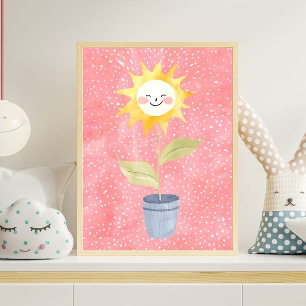 Watercolor Digital Print Download Nursery Room Decor Kids Room Smiling Sun Flower Printable Art Decorative Gift Watercolor Floral Print