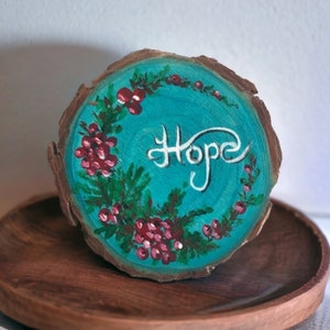 Hand-Painted Wooden Coaster: &#39;Hope&#39; Floral Design, Handmade Decor