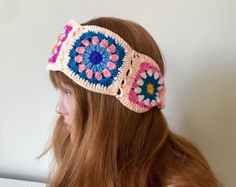 Crochet Granny Square Headband: Boho Sunburst Festival HeadbandGift Christmas Gift