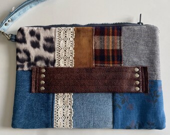 Upcycled Denim Wristlet Clutch – Recycled Jeans Bag, Sustainable Handmade Pouch, One of a Kind Statement Piece, Handmade Gift