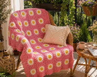 Manta de ganchillo con margaritas hecha a mano, manta floral estilo cottagecore, manta afgana, decoración acogedora para el hogar, manta para bebé, regalo para baby shower, diferentes tamaños