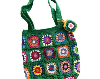 Crochet Granny Square Boho Bag: Handmade Cotton Shoulder BagGift Christmas Gift