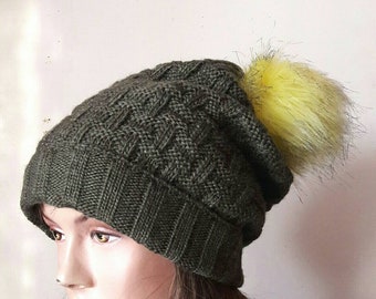 Khaki Knit Beanie with Yellow Faux Fur Pom