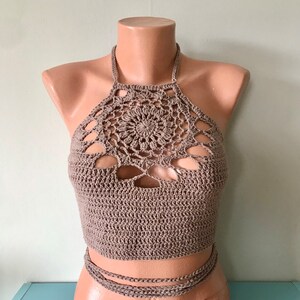 Women Crochet Halter Top Crochet Mandala Top Gift For Her Crop Top Gift for Mom Backless Crochet Boho Top Gift for Girlfriend Festive Top