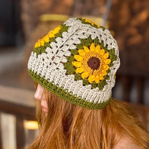 Crochet Sunflower Beanie: Granny Square Boho Hat Christmas Gift