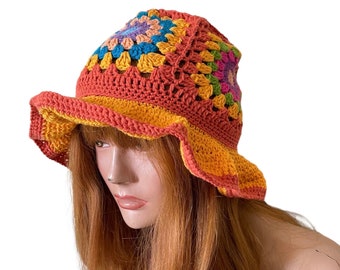 Granny Square Bucket Hat, Crochet Bucket Hat, Unisex Summer Hat, Handmade Gift