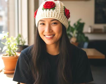 帽子 FETICO HAND-KNITTED ROSE BEANIE Crochet Rose Beanie: Handmade Granny Square Flower Hat Handmade