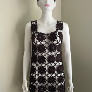 Crochet Mini Dress, Dark Brown Crochet Tunic, Cotton Crochet Dress, Beachwear, Evening Dress , Festival Clothes