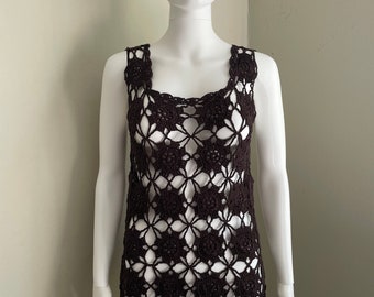 Handmade Crochet Mini Dress: Dark Brown Cotton Tunic, Beach Festival ClothesGift