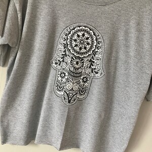 Hamsa Crop Top Yoga Top Hand of Fatima Grey Cut Out Graphic Tee Gift For Her Fitness Clothes Zen T-Shirts Men Loose Fit Graphic Top image 5