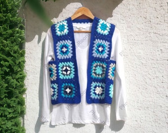 Granny Square Crochet Vest: Boho Patchwork Marine VestGift