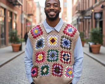 Men Crochet Vest, Unisex Boho  Sweater Vest, Patchwork Vest,  Trendy Vest, Handmade Granny Square Pattern Crochet Vest,Gift