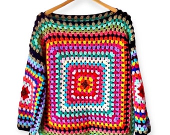 Granny Square Sweater Women Crochet Jumper Boho Sweater Gift for Her Granny Crochet Sweater Men Crochet Boho Sweater for Him